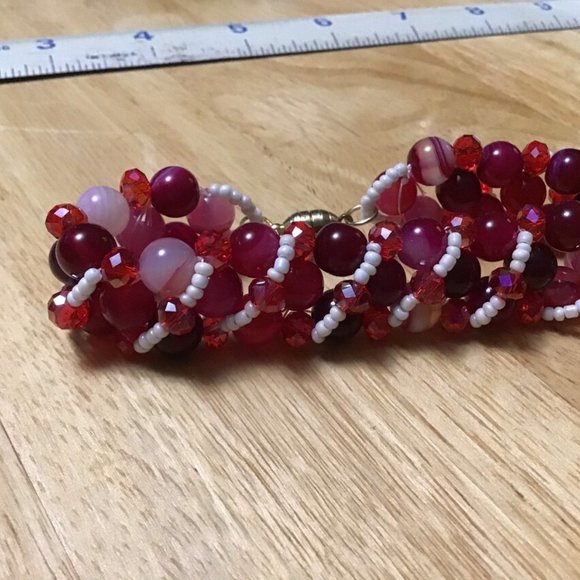 Handcrafted Beaded Bracelet w/ Magnetic Clasp RED&WHITE about 7 1/4" ...  br-19 - Picture 9 of 9